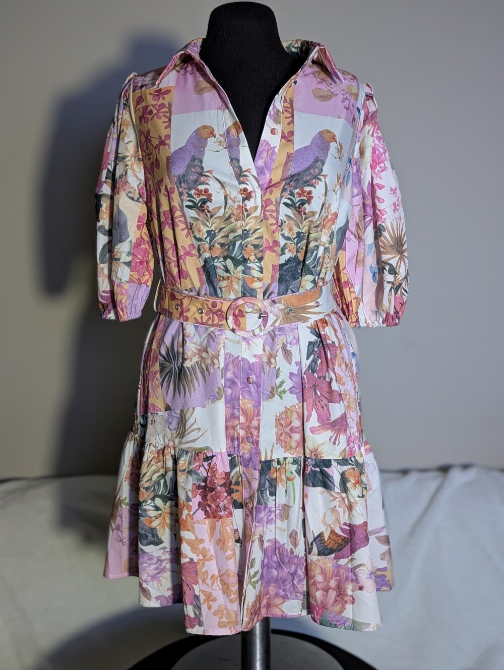 Romantic Puff Sleeve Floral Bird Print Blouse Ruffle Hem Cottagecore Dress